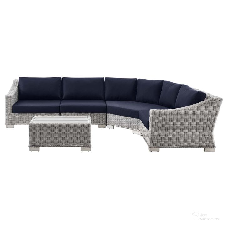 The appearance of Conway Outdoor Patio Wicker Rattan 5-Piece Sectional Sofa Furniture Set EEI-5093-NAV designed by Modway in the modern / contemporary interior design. This light gray navy piece of furniture  was selected by 1StopBedrooms from Conway Collection to add a touch of cosiness and style into your home. Sku: EEI-5093-NAV. Material: Aluminium. Product Type: Outdoor Sectional. Image1