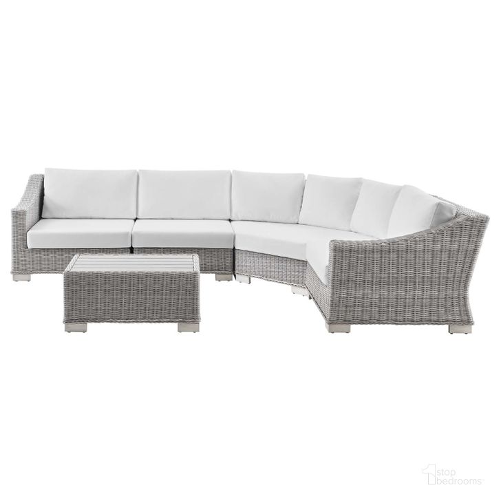 The appearance of Conway Outdoor Patio Wicker Rattan 5-Piece Sectional Sofa Furniture Set EEI-5093-WHI designed by Modway in the modern / contemporary interior design. This light gray white piece of furniture  was selected by 1StopBedrooms from Conway Collection to add a touch of cosiness and style into your home. Sku: EEI-5093-WHI. Material: Aluminium. Product Type: Outdoor Sectional. Image1