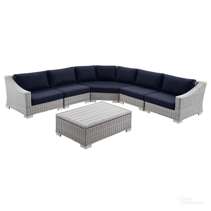 The appearance of Conway Outdoor Patio Wicker Rattan 6-Piece Sectional Sofa Furniture Set EEI-5094-NAV designed by Modway in the modern / contemporary interior design. This light gray navy piece of furniture  was selected by 1StopBedrooms from Conway Collection to add a touch of cosiness and style into your home. Sku: EEI-5094-NAV. Material: Aluminium. Product Type: Outdoor Sectional. Image1