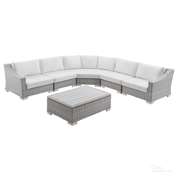 The appearance of Conway Outdoor Patio Wicker Rattan 6-Piece Sectional Sofa Furniture Set EEI-5094-WHI designed by Modway in the modern / contemporary interior design. This light gray white piece of furniture  was selected by 1StopBedrooms from Conway Collection to add a touch of cosiness and style into your home. Sku: EEI-5094-WHI. Material: Aluminium. Product Type: Outdoor Sectional. Image1