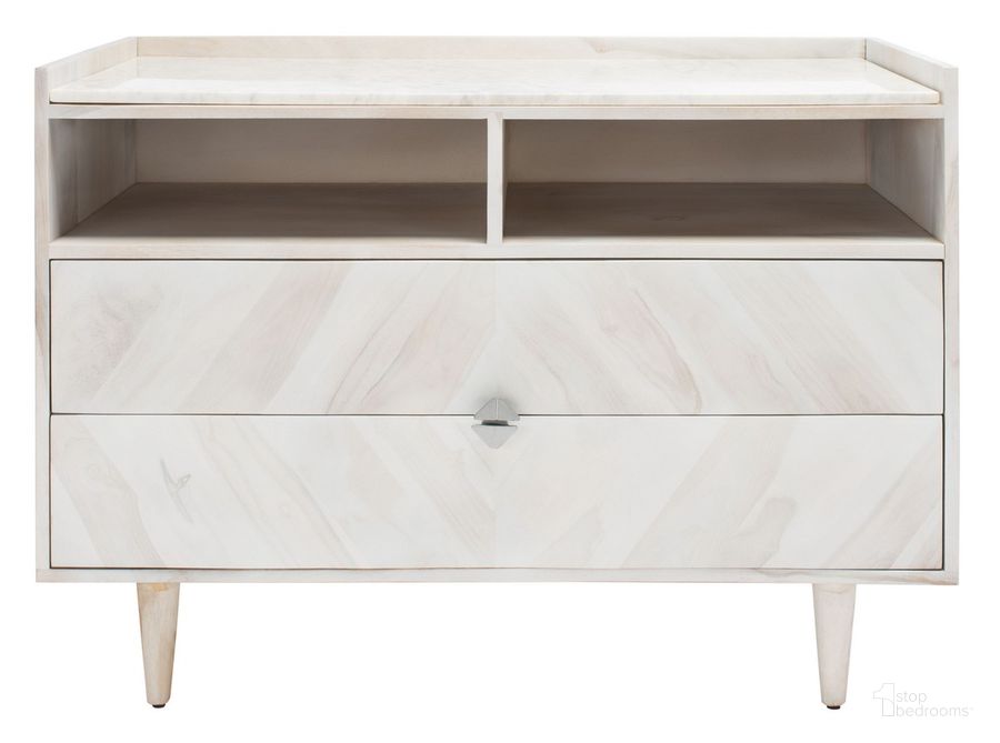 The appearance of Cora Rose Herringbone Nightstand In Washed White designed by Safavieh Couture in the modern / contemporary interior design. This washed white piece of furniture  was selected by 1StopBedrooms from Cora Collection to add a touch of cosiness and style into your home. Sku: SFV5706B-2BX. Material: Wood. Product Type: Nightstand. Image1