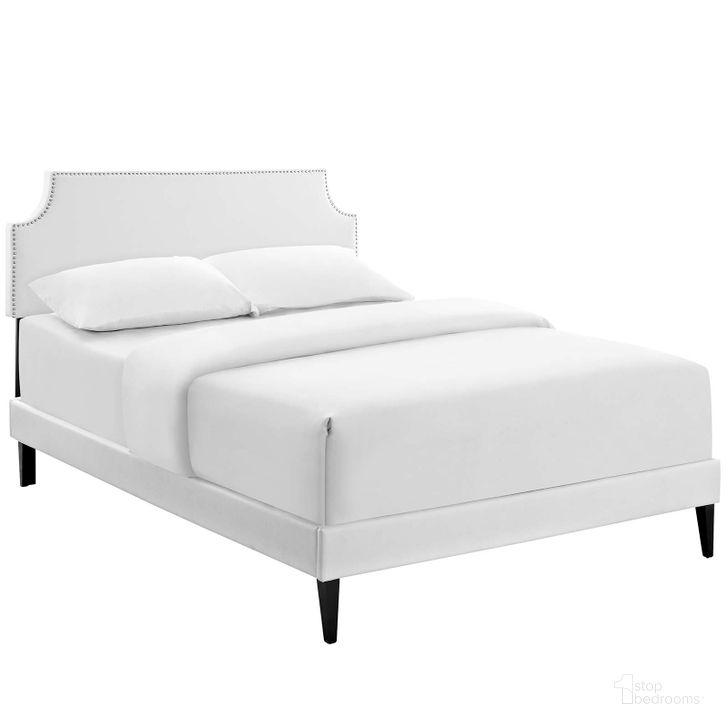 The appearance of Corene White Queen Vinyl Platform Bed with Squared Tapered Legs designed by Modway in the modern / contemporary interior design. This white piece of furniture  was selected by 1StopBedrooms from Corene Collection to add a touch of cosiness and style into your home. Sku: MOD-5954-WHI. Bed Type: Platform Bed. Material: Wood. Product Type: Platform Bed. Bed Size: Queen. Image1