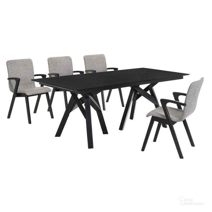 The appearance of Cortina and Varde 5-Piece Black Rectangular Dining Set designed by Armen Living in the transitional interior design. This gray piece of furniture  was selected by 1StopBedrooms from Cortina Collection to add a touch of cosiness and style into your home. Sku: LCCODIBLBX1;LCCODIBLBX2;LCVRSIGRBL;LCVRSIGRBL. Product Type: Dining Room Set. Material: MDF. Image1