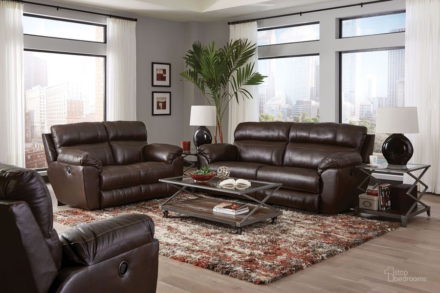 The appearance of Costa Chocolate 88 Inch Lay Flat Reclining Living Room Set designed by Catnapper in the modern / contemporary interior design. This brown piece of furniture  was selected by 1StopBedrooms from Costa Collection to add a touch of cosiness and style into your home. Sku: 4071127389307389;4072127389307389. Material: Leather. Product Type: Living Room Set. Image1