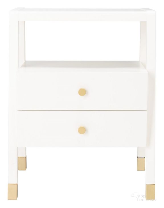 The appearance of Cove 2 Drawer 1 Shelf Accent Table in White and Gold designed by Safavieh in the modern / contemporary interior design. This white and gold piece of furniture  was selected by 1StopBedrooms from Cove Collection to add a touch of cosiness and style into your home. Sku: ACC6602B. Material: Wood. Product Type: Accent Table. Image1