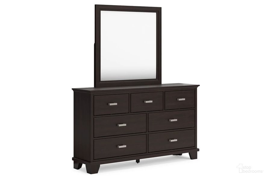 The appearance of Covetown Dresser and Mirror In Dark Brown designed by Signature Design by Ashley in the modern / contemporary interior design. This dark brown piece of furniture  was selected by 1StopBedrooms from Covetown Collection to add a touch of cosiness and style into your home. Sku: B441-31;B441-36. Material: Wood. Product Type: Dresser and Mirror. Image1