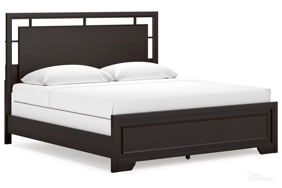 The appearance of Covetown King Panel Bed In Dark Brown designed by Signature Design by Ashley in the modern / contemporary interior design. This dark brown piece of furniture  was selected by 1StopBedrooms from Covetown Collection to add a touch of cosiness and style into your home. Sku: B441-82;B441-97. Bed Type: Panel Bed. Product Type: Panel Bed. Bed Size: King. Material: MDF. Image1