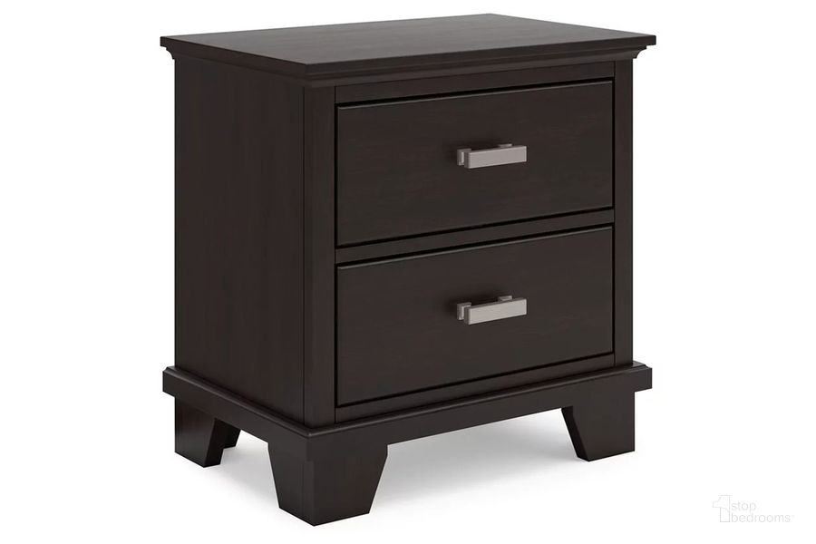 The appearance of Covetown Nightstand In Dark Brown designed by Signature Design by Ashley in the modern / contemporary interior design. This dark brown piece of furniture  was selected by 1StopBedrooms from Covetown Collection to add a touch of cosiness and style into your home. Sku: B441-92. Material: Wood. Product Type: Nightstand. Image1