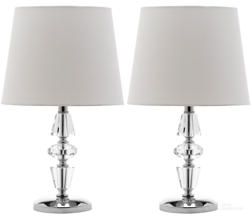 The appearance of Crescendo Clear and Off-White 16 Inch Tiered Crystal Lamp Set of 2 designed by Safavieh in the transitional interior design. This clear piece of furniture  was selected by 1StopBedrooms from Crescendo Collection to add a touch of cosiness and style into your home. Sku: LIT4127C-SET2. Material: Chrome. Product Type: Table Lamp. Image1