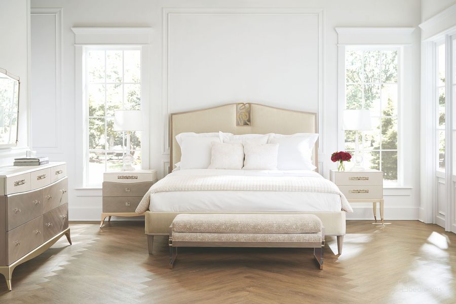 The appearance of Crescendo Sparkling Argent Upholstered Panel Bedroom Set designed by Caracole in the transitional interior design. This beige piece of furniture  was selected by 1StopBedrooms from Caracole Classic Collection to add a touch of cosiness and style into your home. Sku: CLA-422-101;CLA-422-062. Material: Wood. Product Type: Bedroom Set. Bed Size: Queen. Image1