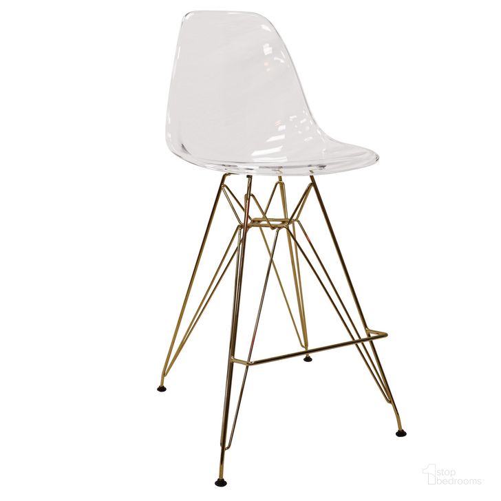 The appearance of Cresco Acrylic Barstool with Gold Chrome Base and Footrest In Clear designed by LeisureMod in the modern / contemporary interior design. This clear piece of furniture  was selected by 1StopBedrooms from Cresco Collection to add a touch of cosiness and style into your home. Sku: CBG26CL. Product Type: Barstool. Material: Acrylic. Image1