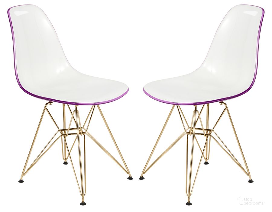 The appearance of Cresco Molded 2 Tone Eiffel Side Chair Set of 2 In White Purple designed by LeisureMod in the modern / contemporary interior design. This white purple piece of furniture  was selected by 1StopBedrooms from Cresco Collection to add a touch of cosiness and style into your home. Sku: CR19WPRG2. Product Type: Side Chair. Material: Plastic. Image1