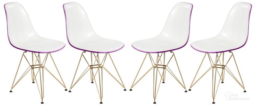 The appearance of Cresco Molded 2 Tone Eiffel Side Chair Set of 4 In White Purple designed by LeisureMod in the modern / contemporary interior design. This white purple piece of furniture  was selected by 1StopBedrooms from Cresco Collection to add a touch of cosiness and style into your home. Sku: CR19WPRG4. Product Type: Side Chair. Material: Plastic. Image1
