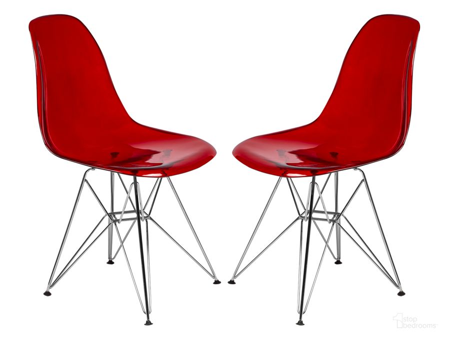 The appearance of Cresco Molded Eiffel Side Chair Set of 2 In Transparent Red designed by LeisureMod in the modern / contemporary interior design. This transparent red piece of furniture  was selected by 1StopBedrooms from Cresco Collection to add a touch of cosiness and style into your home. Sku: CR19TR2. Product Type: Side Chair. Material: Plastic. Image1