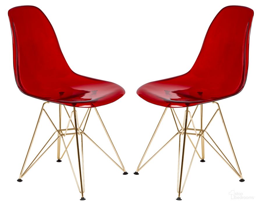 The appearance of Cresco Molded Eiffel Side Chair Set of 2 In Transparent Red designed by LeisureMod in the modern / contemporary interior design. This transparent red piece of furniture  was selected by 1StopBedrooms from Cresco Collection to add a touch of cosiness and style into your home. Sku: CR19TRG2. Product Type: Side Chair. Material: Plastic. Image1