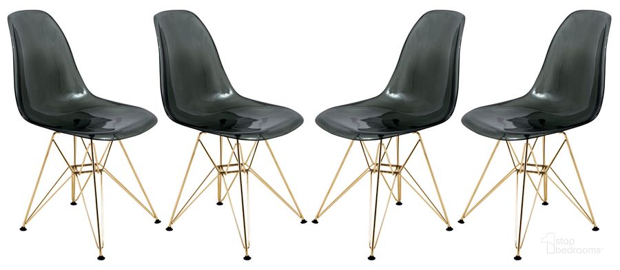 The appearance of Cresco Molded Eiffel Side Chair Set of 4 In Transparent Black designed by LeisureMod in the modern / contemporary interior design. This transparent black piece of furniture  was selected by 1StopBedrooms from Cresco Collection to add a touch of cosiness and style into your home. Sku: CR19TBLG4. Product Type: Side Chair. Material: Plastic. Image1