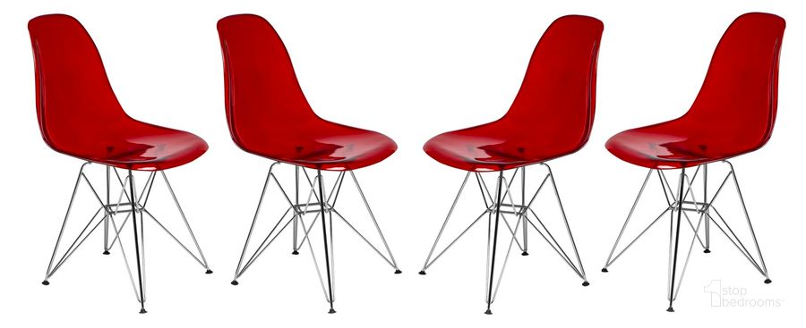 The appearance of Cresco Molded Eiffel Side Chair Set of 4 In Transparent Red designed by LeisureMod in the modern / contemporary interior design. This transparent red piece of furniture  was selected by 1StopBedrooms from Cresco Collection to add a touch of cosiness and style into your home. Sku: CR19TR4. Product Type: Side Chair. Material: Plastic. Image1