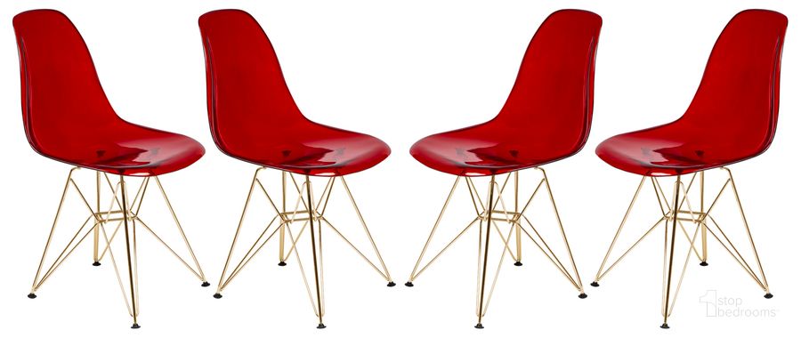 The appearance of Cresco Molded Eiffel Side Chair Set of 4 In Transparent Red designed by LeisureMod in the modern / contemporary interior design. This transparent red piece of furniture  was selected by 1StopBedrooms from Cresco Collection to add a touch of cosiness and style into your home. Sku: CR19TRG4. Product Type: Side Chair. Material: Plastic. Image1