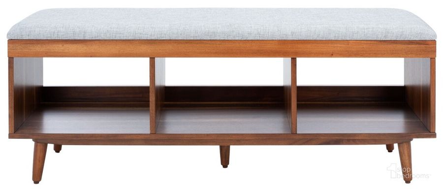 The appearance of Cricket Open Shelf Bench with Cushion in Grey BCH5000B designed by Safavieh in the modern / contemporary interior design. This brown and gray piece of furniture  was selected by 1StopBedrooms from Cricket Collection to add a touch of cosiness and style into your home. Sku: BCH5000B. Material: Wood. Product Type: Bench. Image1