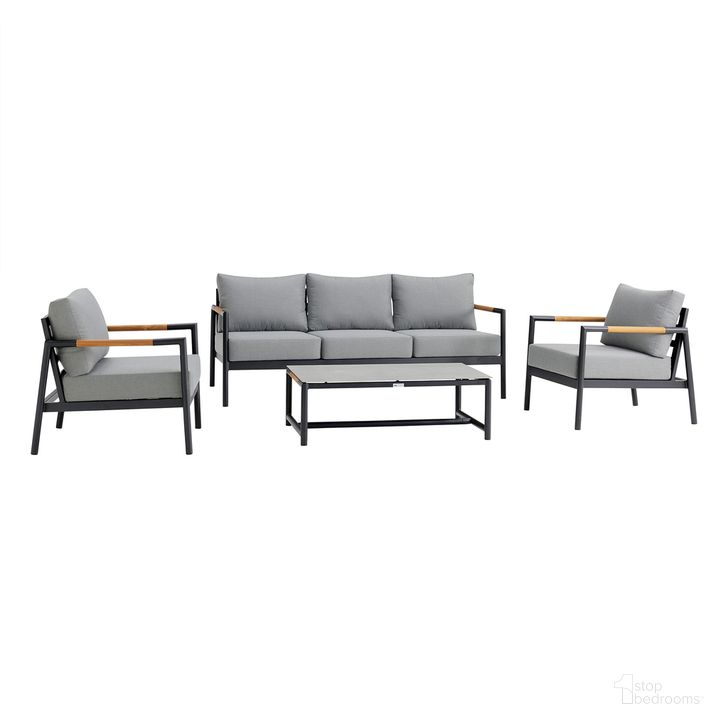 The appearance of Crown 4 Piece Outdoor Seating Set In Dark Gray designed by Armen Living in the modern / contemporary interior design. This dark gray piece of furniture  was selected by 1StopBedrooms from Crown Collection to add a touch of cosiness and style into your home. Sku: SETODCRBLBX1;SETODCRBLBX2;SETODCRBLBX3;SETODCRBLBX4. Material: Aluminum. Product Type: Outdoor Conversation Set. Image1