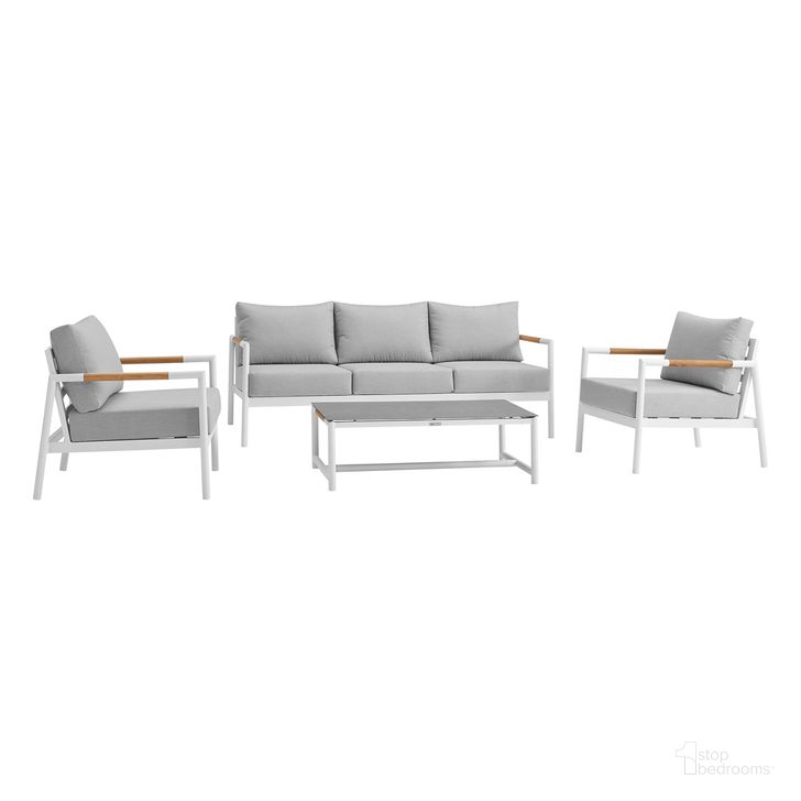 The appearance of Crown 4 Piece Outdoor Seating Set In Light Gray designed by Armen Living in the modern / contemporary interior design. This light gray piece of furniture  was selected by 1StopBedrooms from Crown Collection to add a touch of cosiness and style into your home. Sku: SETODCRWHBX1;SETODCRWHBX2;SETODCRWHBX3;SETODCRWHBX4. Material: Aluminum. Product Type: Outdoor Conversation Set. Image1
