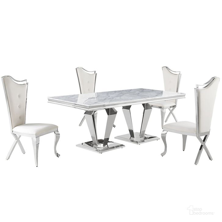 The appearance of Crownie Faux Marble 5-Piece Rectangle Dining Set In Cream and Silver designed by Best Master Furniture in the modern / contemporary interior design. This silver/cream piece of furniture  was selected by 1StopBedrooms from Crownie Collection to add a touch of cosiness and style into your home. Sku: C194RCS5. Material: Marble. Product Type: Dining Room Set. Image1