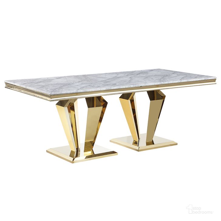 The appearance of Crownie Faux Marble Pedestal Rectangle Dining Table In Gold designed by Best Master Furniture in the modern / contemporary interior design. This gold piece of furniture  was selected by 1StopBedrooms from Crownie Collection to add a touch of cosiness and style into your home. Sku: C194RGT. Table Base Style: Pedestal. Material: Marble. Product Type: Dining Table. Table Top Shape: Rectangular. Size: 79". Image1