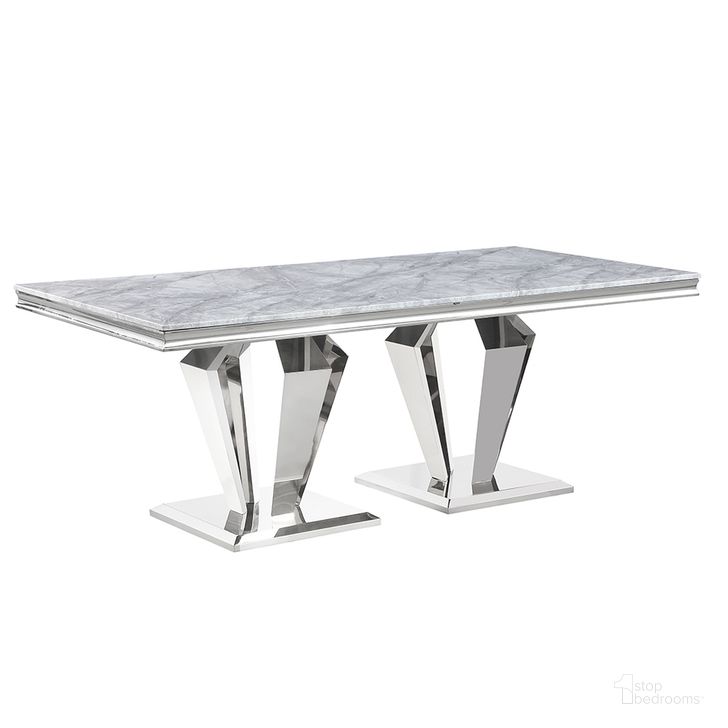 The appearance of Crownie Faux Marble Pedestal Rectangle Dining Table In Silver designed by Best Master Furniture in the modern / contemporary interior design. This silver piece of furniture  was selected by 1StopBedrooms from Crownie Collection to add a touch of cosiness and style into your home. Sku: C194RST. Table Base Style: Pedestal. Material: Marble. Product Type: Dining Table. Table Top Shape: Rectangular. Size: 79". Image1