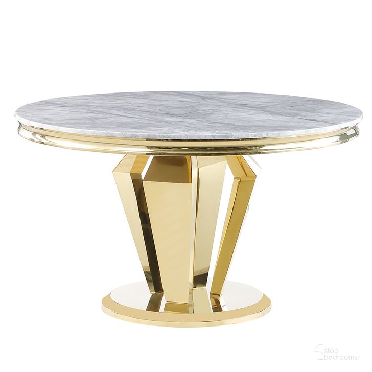 The appearance of Crownie Faux Marble Pedestal Round Dining Table In Gold designed by Best Master Furniture in the modern / contemporary interior design. This gold piece of furniture  was selected by 1StopBedrooms from Crownie Collection to add a touch of cosiness and style into your home. Sku: C194GT. Table Base Style: Pedestal. Table Top Shape: Round. Material: Marble. Product Type: Dining Table. Size: 51". Image1