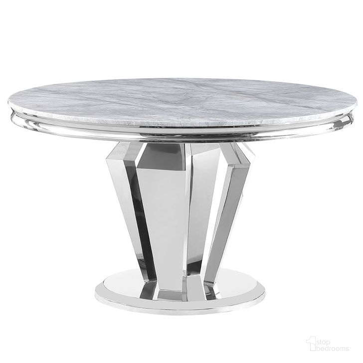 The appearance of Crownie Faux Marble Pedestal Round Dining Table In Silver designed by Best Master Furniture in the modern / contemporary interior design. This silver piece of furniture  was selected by 1StopBedrooms from Crownie Collection to add a touch of cosiness and style into your home. Sku: C194ST. Table Base Style: Pedestal. Table Top Shape: Round. Material: Marble. Product Type: Dining Table. Size: 51". Image1