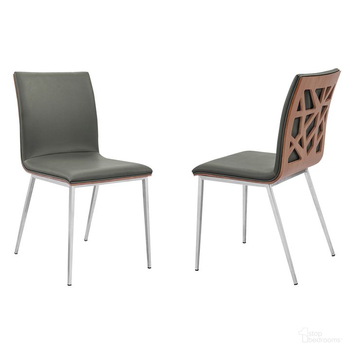 The appearance of Crystal Dining Chair Set of 2 In Brushed Stainless Steel Finish with Gray Faux Leather and Walnut Back designed by Armen Living in the modern / contemporary interior design. This gray piece of furniture  was selected by 1StopBedrooms from Crystal Collection to add a touch of cosiness and style into your home. Sku: LCCRCHGRPU. Product Type: Dining Chair. Material: Stainless Steel. Image1