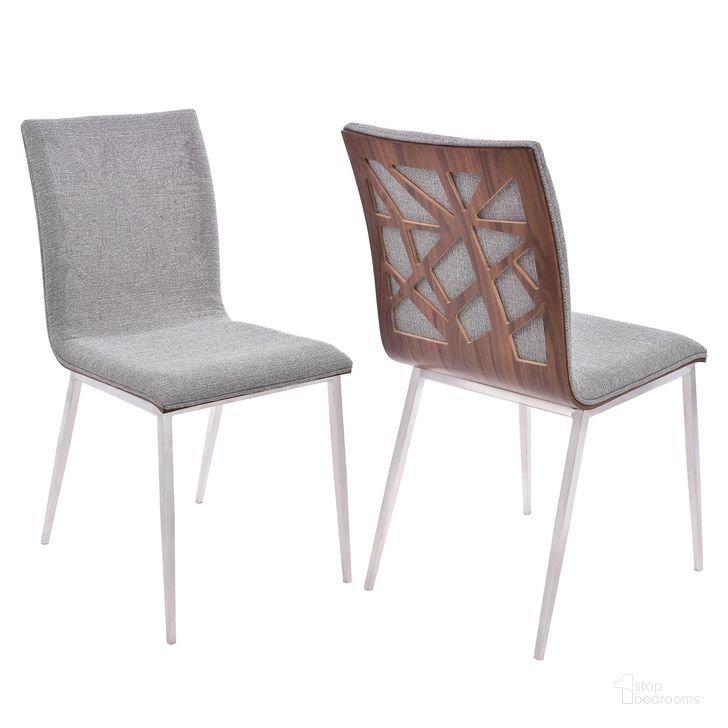 The appearance of Crystal Dining Chair Set of 2 In Brushed Stainless Steel Finish with Gray Fabric and Walnut Back designed by Armen Living in the modern / contemporary interior design. This gray piece of furniture  was selected by 1StopBedrooms from Crystal Collection to add a touch of cosiness and style into your home. Sku: LCCRCHGRF. Product Type: Dining Chair. Material: Stainless Steel. Image1