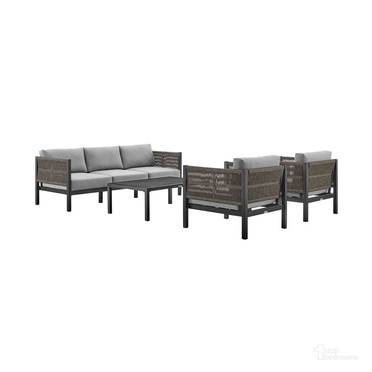The appearance of Cuffay 4-Piece Outdoor Patio Furniture Set In Black Aluminum and Rope with Gray Cushions designed by Armen Living in the modern / contemporary interior design. This dark gray piece of furniture  was selected by 1StopBedrooms from Cuffay Collection to add a touch of cosiness and style into your home. Sku: 840254336292;840254336308;840254336315;840254336322. Material: Aluminum. Product Type: Outdoor Set. Image1