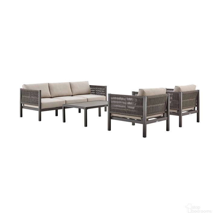 The appearance of Cuffay 4-Piece Outdoor Patio Furniture Set In Brown Aluminum and Rope with Cushions designed by Armen Living in the modern / contemporary interior design. This brown piece of furniture  was selected by 1StopBedrooms from Cuffay Collection to add a touch of cosiness and style into your home. Sku: 840254336254;840254336261;840254336278;840254336285. Material: Aluminum. Product Type: Outdoor Set. Image1