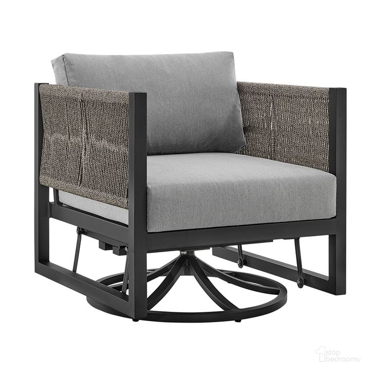 The appearance of Cuffay Outdoor Patio Swivel Glider Lounge Chair In Black Aluminum with Gray Cushions designed by Armen Living in the modern / contemporary interior design. This dark gray piece of furniture  was selected by 1StopBedrooms from Cuffay Collection to add a touch of cosiness and style into your home. Sku: 840254332454. Material: Aluminum. Product Type: Outdoor Chair. Image1