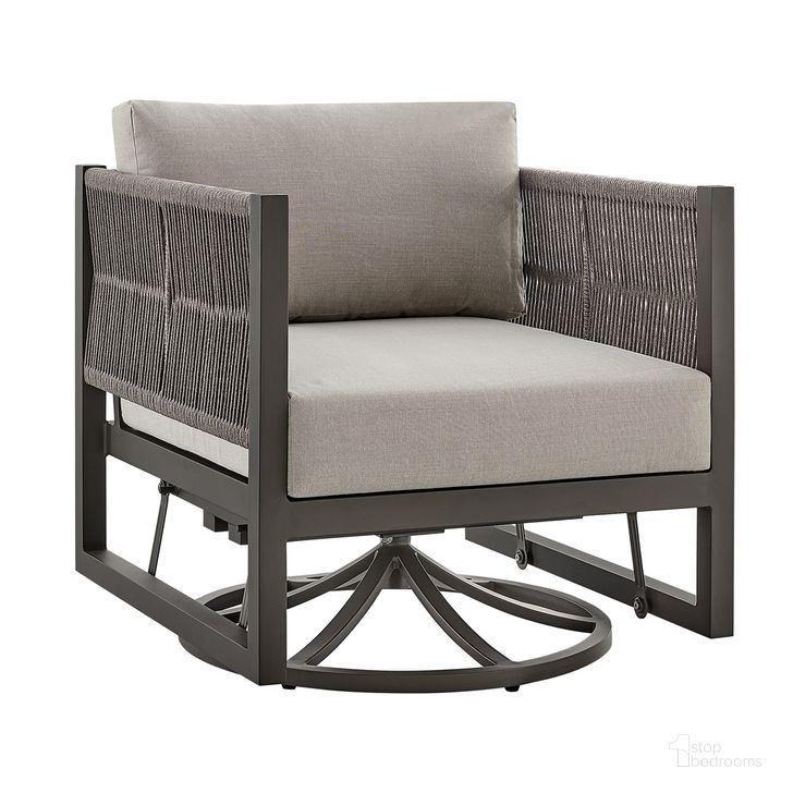 The appearance of Cuffay Outdoor Patio Swivel Glider Lounge Chair In Dark Brown Aluminum with Cushions designed by Armen Living in the modern / contemporary interior design. This brown piece of furniture  was selected by 1StopBedrooms from Cuffay Collection to add a touch of cosiness and style into your home. Sku: 840254332461. Material: Aluminum. Product Type: Outdoor Chair. Image1