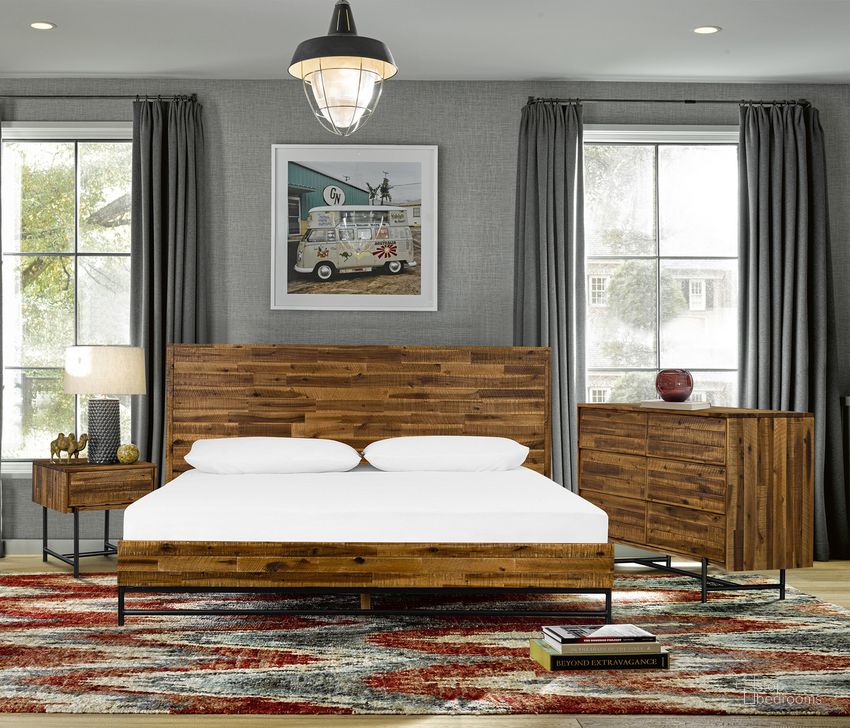 The appearance of Cusco 3-Piece Acacia King Bed and Nightstands Bedroom Set designed by Armen Living in the modern / contemporary interior design. This acacia piece of furniture  was selected by 1StopBedrooms from Cusco Collection to add a touch of cosiness and style into your home. Sku: LCCUBDACKGBX1;LCCUBDACKGBX2;LCCULAAC;LCCULAAC. Material: Wood. Product Type: Bedroom Set. Bed Size: King. Image1