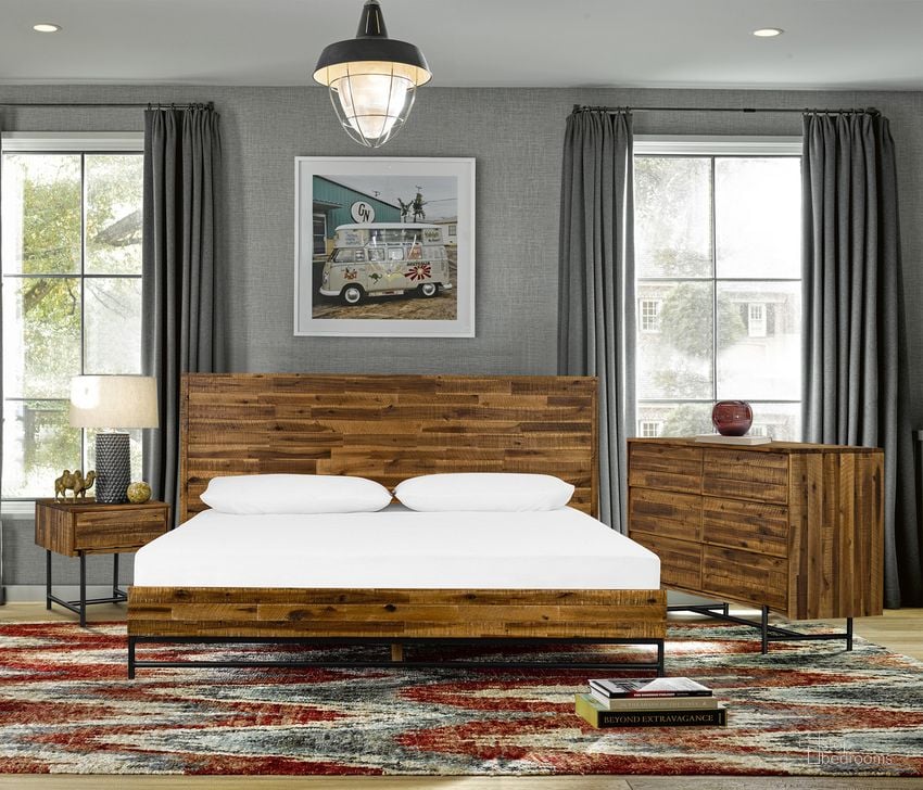 The appearance of Cusco 3-Piece Acacia Queen Bed and Nightstands Bedroom Set designed by Armen Living in the modern / contemporary interior design. This acacia piece of furniture  was selected by 1StopBedrooms from Cusco Collection to add a touch of cosiness and style into your home. Sku: LCCUBDACQNBX1;LCCUBDACQNBX2;LCCULAAC;LCCULAAC. Material: Wood. Product Type: Bedroom Set. Bed Size: Queen. Image1