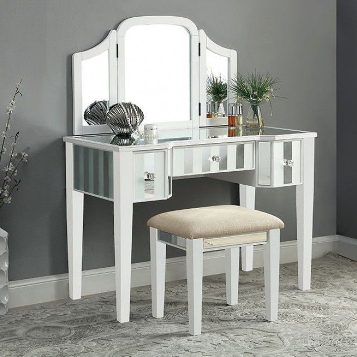 The appearance of Cyndi Vanity With Stool In White designed by Furniture of America in the transitional interior design. This white piece of furniture  was selected by 1StopBedrooms from Cyndi Collection to add a touch of cosiness and style into your home. Sku: CM-DK6361WH-UPS3. Material: Wood. Product Type: Vanity Set.