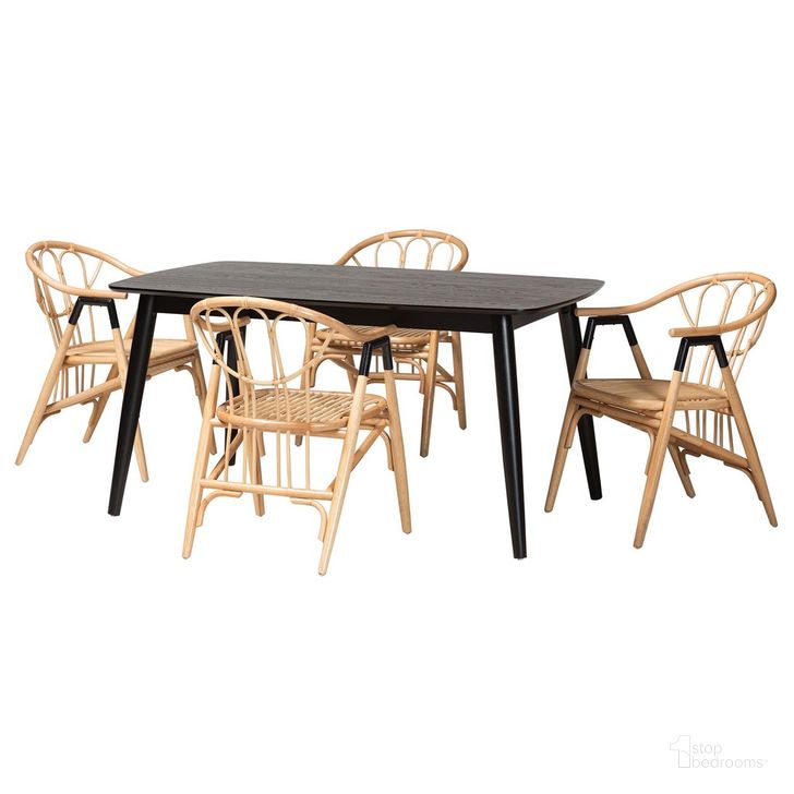 The appearance of Cyntia Wood and Natural Rattan 5 Piece Dining Set In Brown and Black designed by Baxton Studio in the bohemian interior design. This brown/black piece of furniture  was selected by 1StopBedrooms from Cyntia Collection to add a touch of cosiness and style into your home. Sku: KYG012C-Black/Natural-5PC Dining Set. Material: Natural Rattan. Product Type: Dining Room Set. Image1