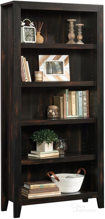 The appearance of Dakota Pass 5-Shelf Bookcase In Char Pine designed by Sauder in the transitional interior design. This char pine piece of furniture  was selected by 1StopBedrooms from Dakota Pass Collection to add a touch of cosiness and style into your home. Sku: 422595. Product Type: Bookcase. Material: Engineered Wood. Image1