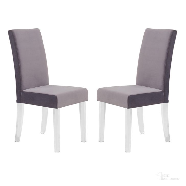 The appearance of Dalia Modern and Contemporary Dining Chair Set of 2 In Gray Velvet with Acrylic Legs designed by Armen Living in the glam interior design. This gray piece of furniture  was selected by 1StopBedrooms from Dalia Collection to add a touch of cosiness and style into your home. Sku: LCDACHGRAY. Product Type: Dining Chair. Material: Acrylic. Image1