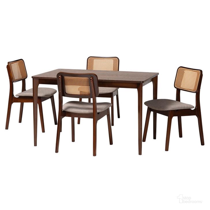 The appearance of Dannon Fabric and Wood 5 Piece Dining Set In Grey and Walnut Brown designed by Baxton Studio in the transitional interior design. This grey and walnut piece of furniture  was selected by 1StopBedrooms from Dannon Collection to add a touch of cosiness and style into your home. Sku: CS001C-Walnut/Light Grey-5PC Dining Set. Product Type: Dining Room Set. Material: Rubberwood. Image1