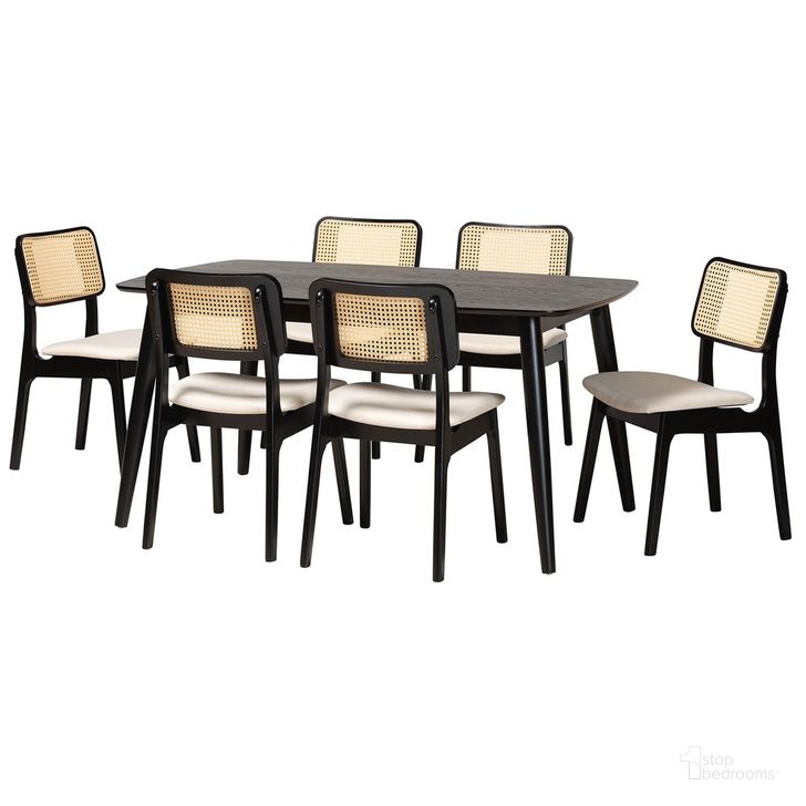 The appearance of Dannon Wood 7 Piece Dining Set In Cream and Black designed by Baxton Studio in the transitional interior design. This cream and black piece of furniture  was selected by 1StopBedrooms from Dannon Collection to add a touch of cosiness and style into your home. Sku: CS001C-Black/Cream-7PC Dining Set. Product Type: Dining Room Set. Material: Rubberwood. Image1