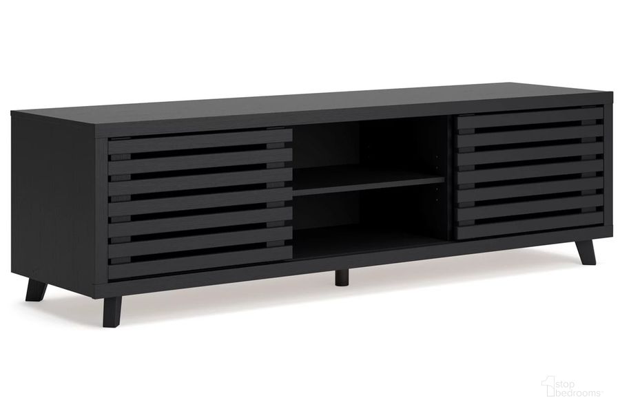The appearance of Danziar 72 Inch TV Stand In Black designed by Signature Design by Ashley in the modern / contemporary interior design. This black piece of furniture  was selected by 1StopBedrooms from Danziar Collection to add a touch of cosiness and style into your home. Sku: W1013-68. Material: Wood. Product Type: TV Stand. Image1