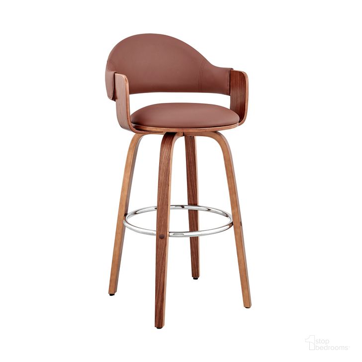 The appearance of Daxton 26 Inch Brown Faux Leather and Walnut Wood Bar Stool designed by Armen Living in the modern / contemporary interior design. This brown piece of furniture  was selected by 1StopBedrooms from Daxton Collection to add a touch of cosiness and style into your home. Sku: LCDXBAWABR26. Product Type: Barstool. Material: Iron. Image1