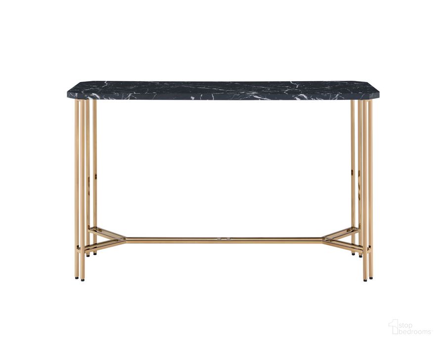 The appearance of Daxton Faux Marble Sofa Table designed by Steve Silver in the transitional interior design. This black and gold piece of furniture  was selected by 1StopBedrooms from Daxton Collection to add a touch of cosiness and style into your home. Sku: DX100S. Product Type: Sofa Table. Material: MDF. Image1