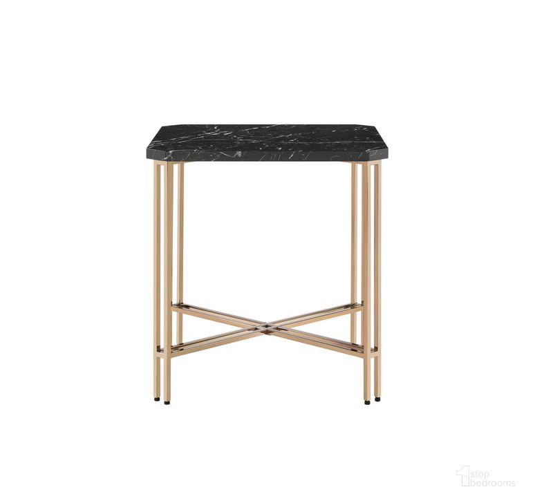 The appearance of Daxton Faux Marble Square End Table designed by Steve Silver in the transitional interior design. This black and gold piece of furniture  was selected by 1StopBedrooms from Daxton Collection to add a touch of cosiness and style into your home. Sku: DX100E. Product Type: End Table. Material: MDF. Image1
