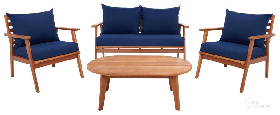 The appearance of Deacon 4 Pc Living Set in Navy designed by Safavieh in the modern / contemporary interior design. This navy piece of furniture  was selected by 1StopBedrooms from Deacon Collection to add a touch of cosiness and style into your home. Sku: PAT7050B. Material: Wood. Product Type: Outdoor Set. Image1