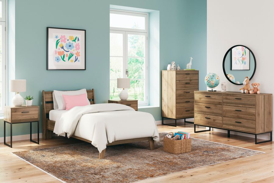 The appearance of Deanlow Rich Honey Brown Youth Platform Bedroom Set designed by Signature Design by Ashley in the transitional interior design. This honey brown piece of furniture  was selected by 1StopBedrooms from Deanlow Collection to add a touch of cosiness and style into your home. Sku: EB1866-112;EB1866-156;EB1866-291. Material: Wood. Product Type: Bedroom Set. Bed Size: Full. Image1